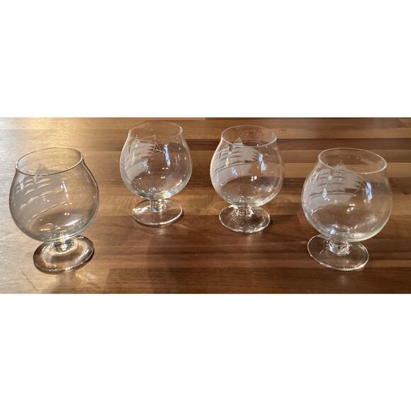 4 Toscany Clipper Ship Etched Frosted Brandy Snifter Glasses Footed 3.5” - Picture 7 of 9